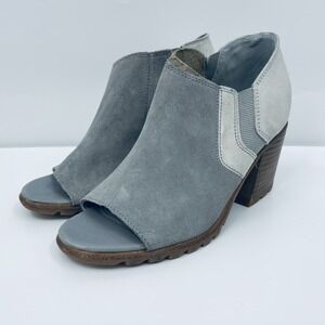 Sorel NADIA Gray Suede Peep Toe Block Heel Ankle Booties Size 6.5